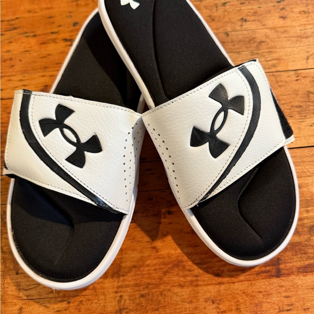 Under Armour Black and White Slide Sandals with Cushioned Footbed